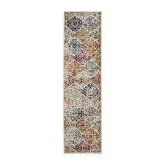 a multicolored runner rug with an ornate design on the bottom and sides,