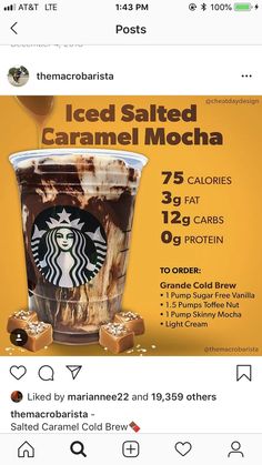 the menu for an iced coffee drink with caramel mocha