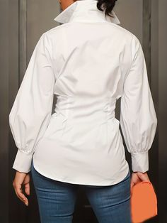 Plus Size Casual Blouse, Women's Plus Solid Button Up Lantern Sleeve Turn Down Collar Nipped Waist Blouse Upgrade your wardrobe with our Plus Size Casual Blouse, a versatile piece designed to offer style and comfort. Crafted from 100% polyester with a slight stretch, this blouse is perfect for all seasons. The solid color and button-up style exude elegance, while the lantern sleeves and turn-down collar add a trendy touch to your look. With a nipped waist design, this blouse accentuates your cur Shirt Collar Styles, Lantern Sleeve Top, Plus Size Work, Lantern Sleeved Blouses, Slim Suit, Plus Size Winter, Trendy Blouses, Solid Color Shirt, Color Shirt