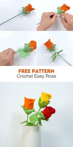 crochet flowers are shown in different stages of blooming and being used to make an ornament