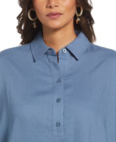 An effortless combination of comfort and style makes this Cubavera women's long sleeve shirt a welcome addition to your warm-weather wardrobe. It's crafted from smooth-draping and breathable linen-viscose fabric and features an easy popover design for a less structured look that works for day or night. 55% Linen / 45% Viscose Breathable And Smooth-Draping Linen Blend Fabric Popover Collar For Easy On And Off Versatile Solid Color High-Low Shirttail For Added Coverage Point Collar For A Polished Look Long Sleeves Machine Wash Imported | Cubavera Solid Popover Long Sleeve Shirt in Captains Blue, Size XS, Linen Blend Blue Tops With Roll-up Sleeves For Daywear, Fall Blue Blouse With Roll-up Sleeves, Versatile Solid Color Shirt For Daywear, Versatile Long Sleeve Shirt For Casual Gatherings, Versatile Fall Tops With Placket, Solid Color Long Sleeve Shirt With Rolled Sleeves, Effortless Solid Long Sleeve Shirt, Blue Long Sleeve Blouse For Daywear, Daywear Blouse With Rolled Sleeves