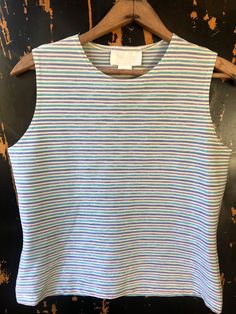 "Cutie vintage 90's pastel blue, white, and purple sparkling striped print tank top. High neckline. Super stretchy fabric. Excellent vintage condition. Tag says: Vue Point, by Jordan. Made in the USA. Size small. Measurements laying flat: fabric stretches. Armpit to armpit: 18\" Length: 20\"" Striped Tank Top Vest, Striped Tank Top With Vest Detail, Striped Tank Vest For Spring, Thrift Wishlist, Purple Sparkle, 90s Aesthetic, Trapeze Dress, Print Tank Top, Unique Dresses