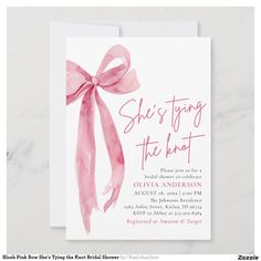 Announce the upcoming celebration with elegance and charm using our Blush Pink Bow She's Tying the Knot Bridal Shower Invitation. This invitation exudes sophistication, capturing the essence of a joyous occasion.

The blush pink color palette adds a touch of romance, while the delicate bow symbolizes the tying of the knot in a beautiful union. The choice of fonts and layout complements the overall design, creating an invitation that is both classic and modern.

Perfect for a bridal shower filled Blush Pink Color Palette, Bow Invitation, Pink Color Palette, Yacht Wedding, Blush Pink Color, Elegant Bridal Shower, Pink Bridal Shower, Color Palette Pink, Tying The Knot