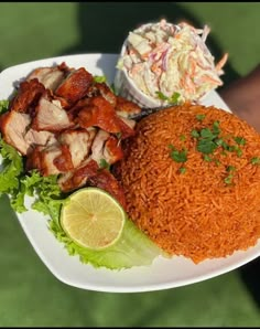 a white plate topped with meat and rice next to a bowl of cole slaw