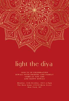 a red and gold christmas card with the words light the diya