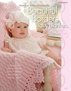 a baby is sitting in a crocheted chair with a pink blanket on it