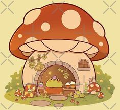 an image of a mushroom house with mushrooms around it