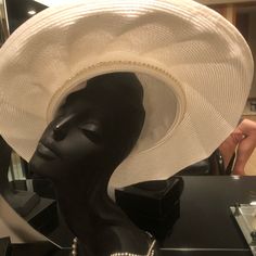 This Unique One Of A Kind Scalloped Hat Should I Say More Hollywood Designer Visor Hats For Spring, Designer White Hat With Curved Brim, White Elegant Hat For Vacation, Designer White Hats For Spring, Elegant Cream Hat For Vacation, Designer White Spring Hat, Elegant White Hat For Vacation, Luxury White Visor Hat, Elegant White Vacation Hat