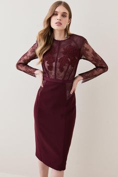 Woven With Intricate Guipure Lace And Beaded Embroidery, This Midi Dress Exudes Sophistication. Corset Detailing Subtly Cinches The Waist, While A Streamlined Pencil Skirt Sculpts The Silhouette. Style This Dress With Stiletto Heels And Dainty Jewelry For An Elegant Ensemble.Guipure Lacecorset Detailsbeaded Embroiderylace Sleevesinvisible Zip Beaded Corset, Dainty Jewellery, Latest Dress For Women, Floral Ruffle Dress, High Neck Mini Dress, Striped Knit Dress, Bandage Midi Dress, Luxury Dresses, Exclusive Dress