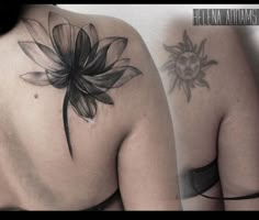 the back of a woman's shoulder with a flower tattoo on her left side