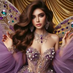 a beautiful woman in a purple dress with wings and jewels on her head is posing for the camera