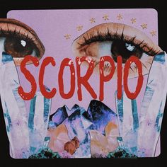 the words scorpio are surrounded by images of eyes and crystals on a purple background