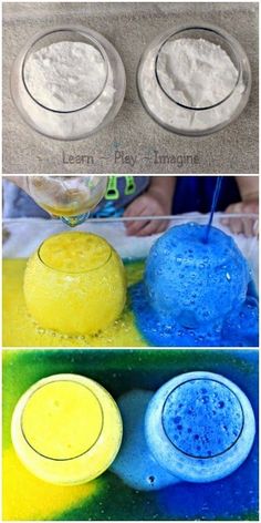 the process to make homemade play dough is shown in three different stages, including mixing and drying