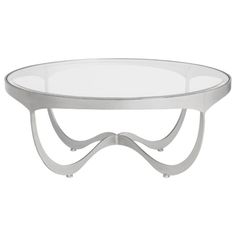 an oval glass table with metal legs and a curved design on the bottom, against a white background