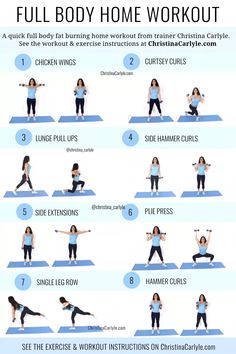 the full body home workout for women is shown in this poster, which shows how to do