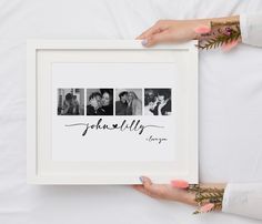 two hands holding a white framed photo with four photos and the words, to each family