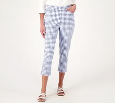 Welcome the warmer weather with these pull-on crop jeans with a sweet print. From Isaac Mizrahi Live!TM. Isaac Mizrahi, Crop Jeans, Slim Jeans, Cropped Jeans, Gingham, Pants, Trousers