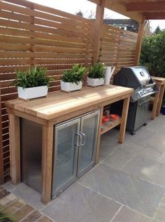 an outdoor grill with potted plants on top