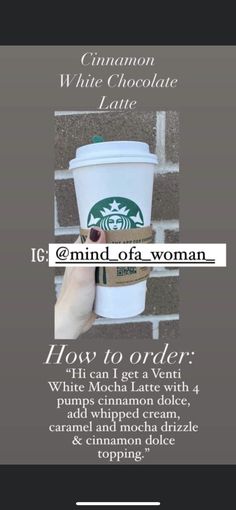 the starbucks coffee cup is being held up by someone's hand, with text over it