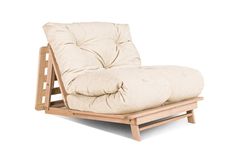 a chair that is made out of wood and has a pillow on top of it