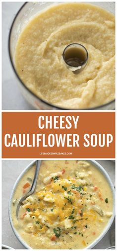 cheesy cauliflower soup in a bowl with a spoon