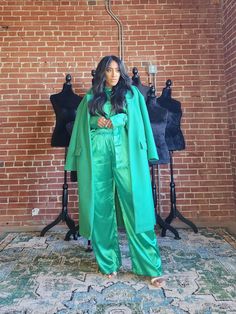 Green Wide Leg Pants For Loungewear In Fall, Green Wide Leg Pants For Loungewear, Green Wide Leg Pants For Fall Loungewear, Oversized Long Sleeve Sets For Daywear, Chic Green Wide Leg Pants For Loungewear, Chic Oversized Wide Leg Pants For Fall, Chic Matching Set Pants For Workwear, Chic Matching Pant Set For Workwear, Fall Loungewear Pant Set With Wide Leg