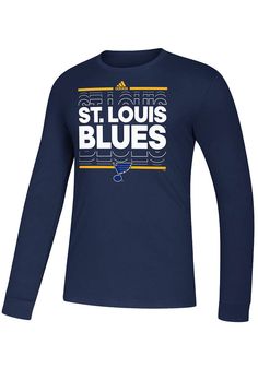 Show off your team pride in this St Louis Blues Navy Blue Dassler NHL Remix Long Sleeve T Shirt! This STL Blues Long Sleeve Tee features a lightweight material with a crew neckline and screen printed team graphics. Make sure everyone knows you root for the Blues with this Navy Blue STL Blues T Shirt. Long Live the Note! Soft-hand ring spun cotton, Classic  fit, Crew neckline, Ribbed neckband, Screen print of team graphic on front chest, Adidas logo above team graphic, Fit: True to Size, 100% Cot Navy T-shirt With Graphic Print For Sports Events, Blue Long Sleeve T-shirt With Branding, Navy Graphic Print T-shirt For Sports Season, Fan Gear Long Sleeve T-shirt With Team Logo, Blue Long Sleeve Fan Merchandise T-shirt, Stl Blues, St Louis Blues, Hand Ring, Blue T