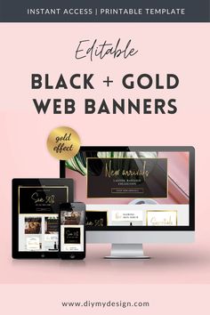 the ultimate black and gold web banner is displayed on a computer, tablet, and phone