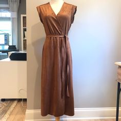 Beautiful, Supple Vegan Suede With A Nice Drape To It, Wrap Style Dress, Unlined. Worn Once, Perfect Condition. Can Be Worn Open As Vest Or Duster, Too. Super Nice For Fall! Brown Fitted V-neck Wrap Dress, Brown Fitted Dress With Tie Waist, Fitted Brown Dress With Tie Waist, Fitted A-line Maxi Dress With Tie Waist, Brown Midi Dress With Tie Waist, Fitted Belted Brown Midi Dress, Fitted Brown Belted Midi Dress, Fitted Brown Maxi Dress For Work, Fitted Brown V-neck Wrap Dress