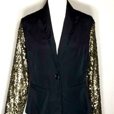 Sequin Sleeve Blazer. Tag Size M. Fits Like A Size S. Chic Outerwear For Workwear And Party Season, Chic Outerwear For Work And Party Season, Chic Blazer For Work And Party Season, Black Holiday Outerwear, Black Blazer For Party Season Workwear, Black Party Season Blazer For Work, Black Sequined Blazer For Spring, Sequin Sleeve, Cotton Blazer