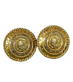 "Vintage Yves Saint Laurent golden round logo earring with engraved signature.  Classic round twisted frame earrings that features YSL signature on it.  Has an engraved YSL stamp in the back. It will be a perfect jewelry piece for your gorgeous outlook. It is in a good vintage condition with minor damages of use and ages.  Showing tarnished areas especially the twisted frames. Perfect vintage jewelry gift! Measurement: Diameter 1.18\"(3cm) No box but free gift wrapping upon request. Please feel free to ask any questions or more photos  :)" Formal Engraved Gold Earrings, Formal Gold Engraved Earrings, Gold Etched Round Earrings, Elegant Etched Round Earrings, Luxury Gold Engraved Earrings, Luxury Engraved Gold Earrings, Gold Circle Clip-on Earrings, Elegant Gold Circle Clip-on Earrings, Classic Round Engraved Earrings