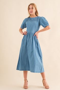 A beautiful soft denim dress with a smocked collar featureLENGTH: 46" Made In China Blue Midi Dress, Product Description, Denim Dress, Blue Denim, Midi Dress, Collar, Blue