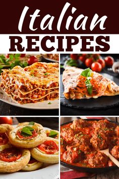 four different pictures with the words italian recipes on them and images of pizzas, pies, and other food items