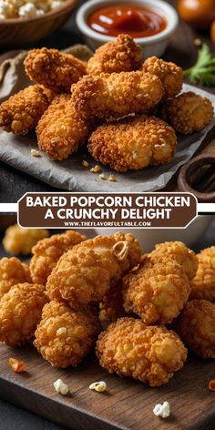 baked popcorn chicken bites on a cutting board with dipping sauces in the back ground