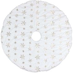 a white and gold christmas tree skirt with snowflakes on the bottom, sitting in front of a white background