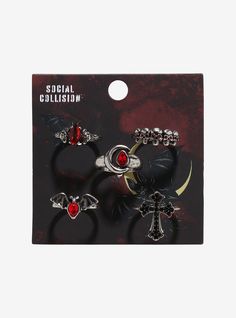 Social Collision Bat Cross Gothic Ring Set | Hot Topic Social Collision, Vampire Stuff, Cross Gothic, Kitty Room, Hello Kitty House, Disney Dragon, Gothic Glam, Gothic Ring, Red Rings