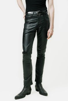 The leather pants is Crafted from super soft 100% Lamb leather and finished with a wash & wax for the perfect vintage look & feel. Featuring a skinny ankle cut that gives these everyday pants just enough edge to wear from day to night.  

This product comes in two lengths to ensure you find your perfect fit. 80s Leather Pants, Dark Ness, Iggy And The Stooges, My Immortal, Cowboy Costumes, Cowboy Costume, Outfit Aesthetics, Mens Leather Pants, Everyday Pants