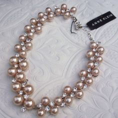 Modern Palest Pink Necklace Of Large Faux Pearls With Beautiful Sheen Highlighted By Accents Of Tiny Rhinestones Set In A Rhodium Fixed Wsetting. Setting Sits Flat Against The Body, Not Strung. Condition: New With Tags. Length 13 Inches With 3 Inches Of Adjusters. Width Is One Half Inch. Beaded Rhinestone Necklace For Formal Occasions, Graduated Pearl Necklace, Large Pearl Necklace, Extra Long Necklace, Three Strand Necklace, Dot Necklace, Chunky Chain Necklaces, Chocker Necklace, Toggle Necklace