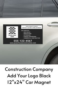 a white car with the words construction company on it's side window sticker