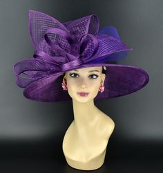 ✿*.Key Features.*✿ This is a wide brim hat with same color big sinamay bows and crin bow, very elegant and beautiful.  Great for Kentucky derby, weddings, church, Easter, Royal Ascot, horse races, cocktails, tea party, or any hat wearing occasion. Hat base size: From front to back: 17.75" (45cm) From left to right: 19" (48cm) Wide brim Appr: 5.12~6.5" Head girth: 22.5" (57cm) , adjustable string inside to make smaller to fit your head. If you want other colors in this style, just search the same item code in my store, you will find them. ✿*.Tip.*✿ ❣️If you want a customized piece, please follow the instructions below: 🔹Present style of hat or fascinator you would like from the store, with additional photos of your outfit and any other details you'd like me to know. 🔹After this process is Luxury Purple Hat For Spring, Luxury Purple Mini Hats For Wedding, Luxury Purple Wide-brim Hat, Purple Wide Brim Adjustable Costume Hat, Purple Adjustable Wide Brim Costume Hat, Adjustable Purple Hat For Kentucky Derby, Purple Adjustable Hat For Kentucky Derby, Purple Hat With Short Brim For Royal Ascot, Purple Short Brim Hat For Royal Ascot