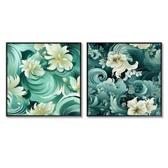 two paintings with white flowers on green and blue background, one is in the shape of waves