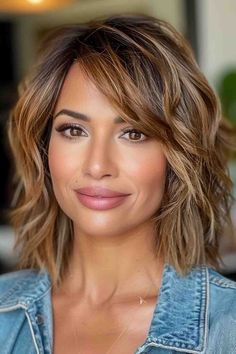 Bangs On One Side Of Face, Shoulder Length Round Face Haircuts, Brunette Bob With Side Bangs, Long Bob Haircut Thick Hair, Lob Haircut With Wispy Bangs, Side Swept Medium Hair, Shaggy Bob With Side Swept Bangs, Mid Length Hair 50 Plus, Easy Haircuts For Medium Hair Over 40