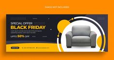 a black friday sale banner with a grey chair on an orange and black background for furniture stores