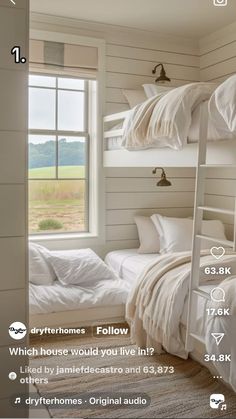 a bedroom with bunk beds and white linens on the bedding is featured in an instagram