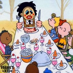 a cartoon character sitting at a dinner table with other characters around it and eating food