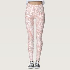 Pink and White Boho Mandala Pattern Yoga Leggings Pastel Goth Leggings, Goth Leggings, Boho Leggings, Gothic Leggings, Floral Lace Pattern, Boho Mandala, Training Inspiration, Lace Leggings, Workout Fashion