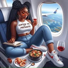 a painting of a woman sitting on an airplane seat reading a book and eating shrimp