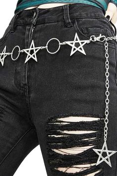 Elevate your E-Kids Aesthetic, Grunge Aesthetic, or Gothcore Style with our Metal Star Chain Belt. Crafted from a high-quality metal alloy, this belt features a mesmerizing pentagram star design that adds a touch of mystique to any outfit. With its durable construction, it's built to withstand the test of time and become a staple in your wardrobe. Free shipping in the US and worldwide. Length: 42,12 inches ( 107 cm ). The Metal Star Chain Belt is available in two captivating colors: silver and gold. Choose the silver option for a sleek and modern look, or opt for the gold variant to add a luxurious touch to your ensemble. Both colors effortlessly complement a variety of outfits, making it easy to create a unique style statement. Stylish metal alloy chain belt with pentagram star design Ava Aesthetic Belts, Star Chain Belt, Raver Costume, Belts Aesthetic, Grunge Belt, Goth Belt, Bubble Goth, Free Aesthetic, Aesthetic Gift