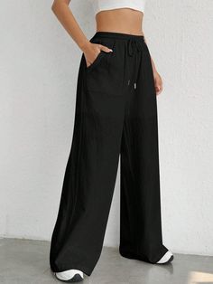 Clean Body, Drawstring Pants, Long Length, Drawstring Waist, Wide Leg Pants, Woven Fabric, Straight Leg, Wide Leg, Loose Fitting