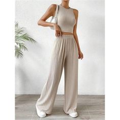 -Color: Khaki -Style: Casual -Pattern Type: Plain -Details: Rib-Knit -Neckline: Round Neck -Sleeve Length: Sleeveless -Pants & Tank Tops & Camis Material: Knitted Fabric -Top Type: Camisole -Pants & Tank Tops & Camis Composition: 95% Polyester, 5% Elastane -Bottom Type: Pants -Length: Crop -Pants Body: Unlined -Fit Type: Slim Fit -Fabric: Medium Stretch -Care Instructions: Hand Wash Or Professional Dry Clean -Sheer: Semi-Sheer **Open To Offers!!!** **Bundle To Save More** **30% Off Bundles Of 2 Flowy Summer Pants, Solid Crop Tank Top, Solid Tank Tops, Khaki Fashion, Summer Pants, Crop Tank Top, Top Tank, Comfy Fashion, Tank Top Cami